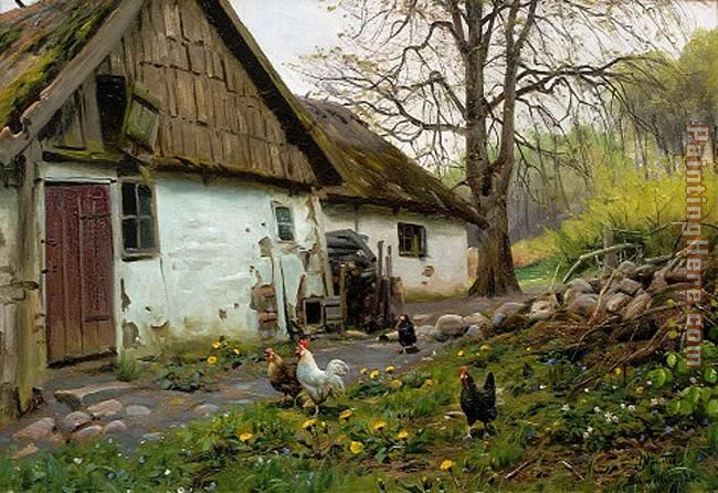 Bromolle Farm with Chickens painting - Peder Mork Monsted Bromolle Farm with Chickens art painting